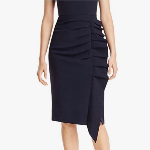 Eliza J Off The Shoulder Cascade Asymmetric Ruffle Sheath Dress Navy Blue Size 8 - Picture 3 of 15